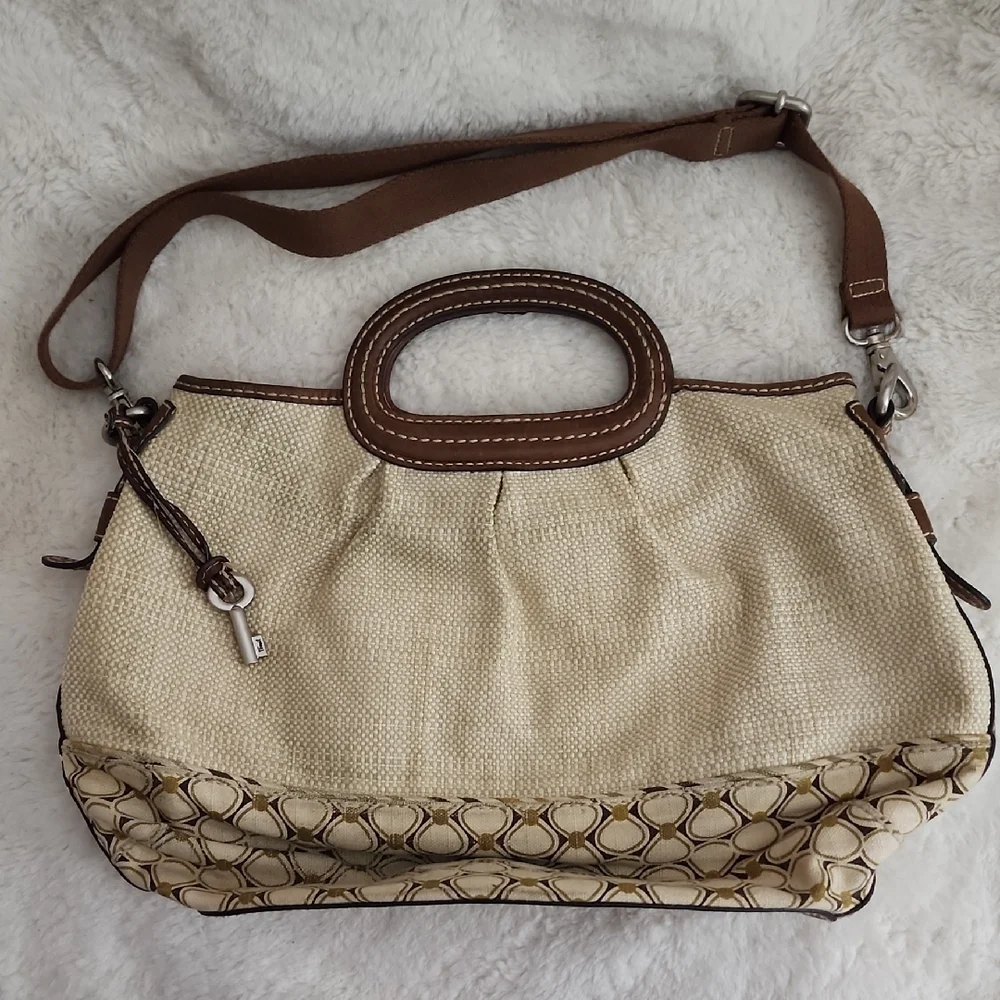 Fossil Vintage Beige and Brown Shoulder Bag Purse